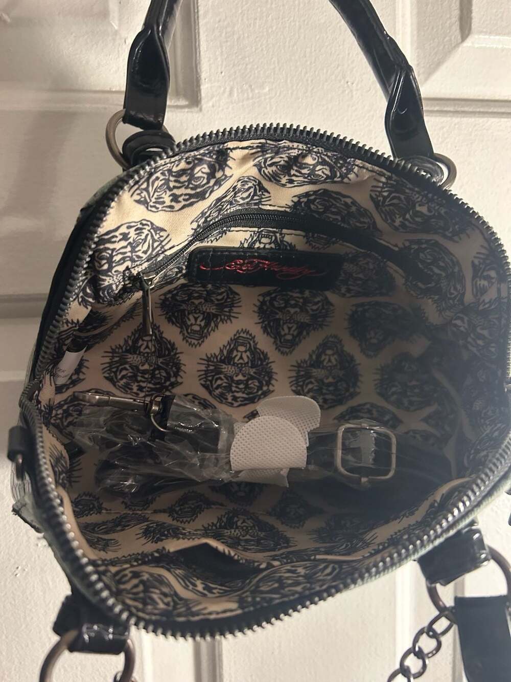 Ed Hardy Skull and Heart Print Satchel Bag with Logo Charms - Picture 6 of 6